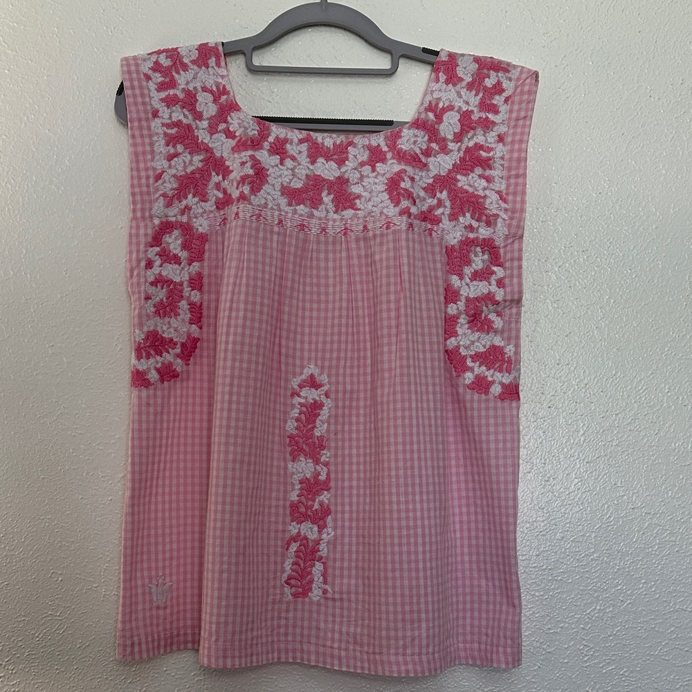 J. Marie Embroidered/ Checker Print Cotton Smock Top